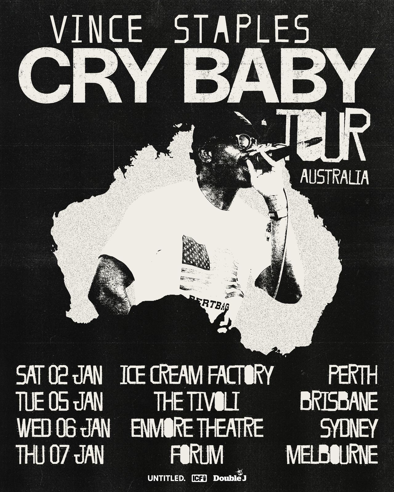 =Vince Staples Cry Baby Tour Australia poster featuring a black-and-white graphic of Staples over an Australia outline with January concert dates